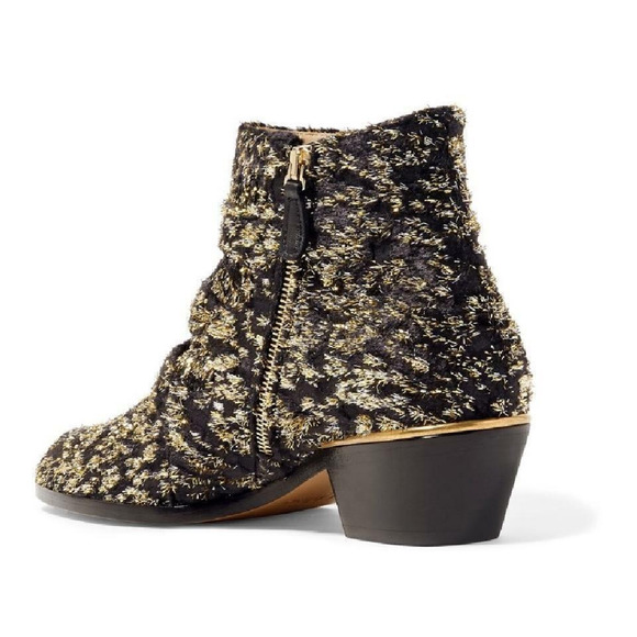 Chloe Suzanna Black Gold Velvet Coupe Studded Short Zipper Ankle Heel Bootie 37 - Picture 8 of 12